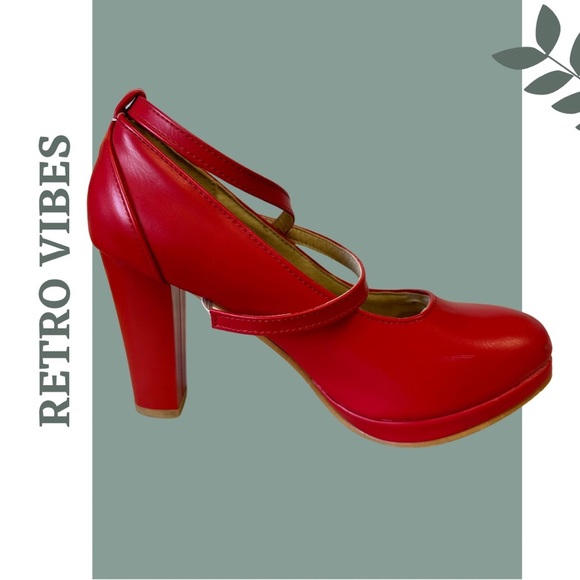 🛍️3/$40 Retro Vintage Inspired Red Platform Mary Jane High Heel Strap Sz 8.5 39 - Picture 2 of 9